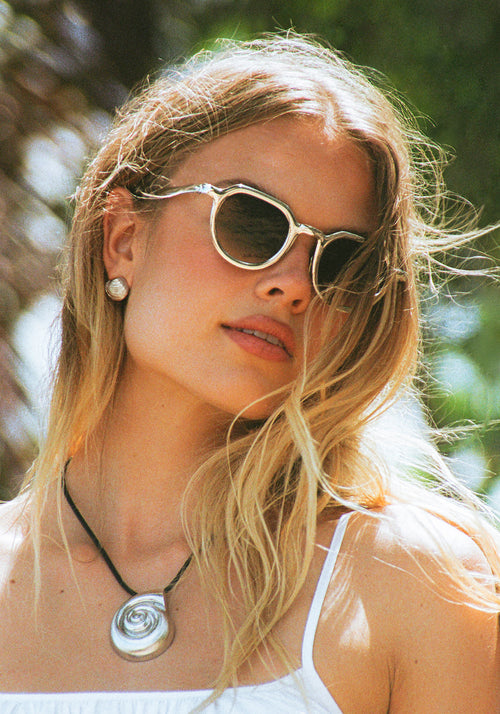 GALVAN | Silver Chroma + Crystal Handcrafted, luxury matte and silver chrome acetate medium sized geometric KREWE sunglasses womens model | Model: Chané