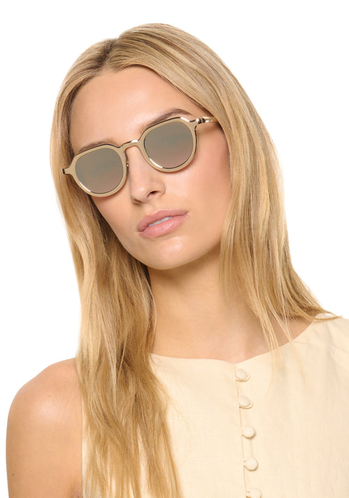 GALVAN | Palladium Chroma + Matte Oyster Mirrored Handcrafted, luxury glossy chrome 18K Rose Gold stainless steel small geometric KREWE sunglasses women's model | Model: Isabelle