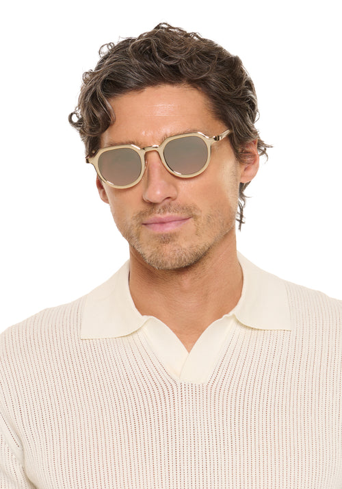 GALVAN | Palladium Chroma + Matte Oyster Mirrored Handcrafted, luxury glossy chrome 18K Rose Gold stainless steel small geometric KREWE sunglasses men's model | Model: Ryan