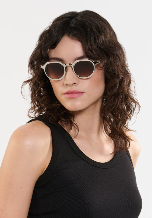 GALVAN | Silver Chroma + Crystal Handcrafted, luxury matte and silver chrome acetate medium sized geometric KREWE sunglasses womens model | Model: Ione