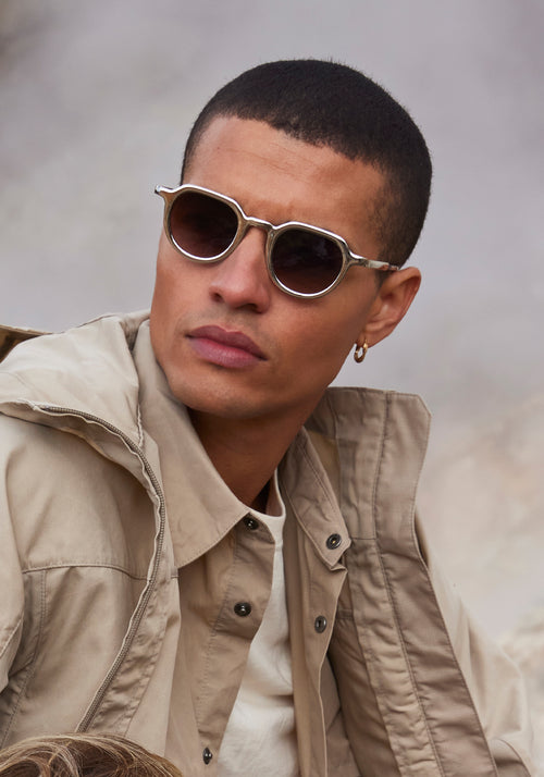 GALVAN | Silver Chroma + Crystal Handcrafted, luxury matte and silver chrome acetate medium sized geometric KREWE sunglasses mens model | Model: Vincent