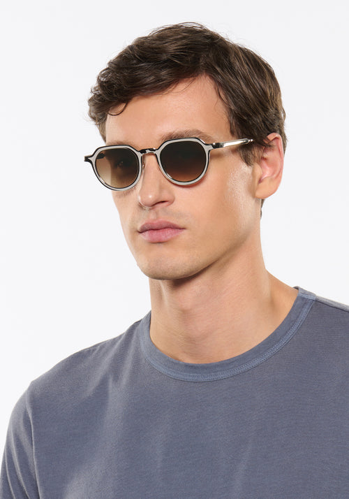 GALVAN | Silver Chroma + Crystal Handcrafted, luxury matte and silver chrome acetate medium sized geometric KREWE sunglasses mens model | Model: Jegor