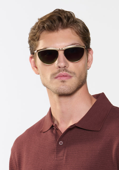 HEIDI | 18K Chroma + Havana Handcrafted, luxury gold chroma stainless steel large cat eye KREWE sunglasses mens model | Model: Linus