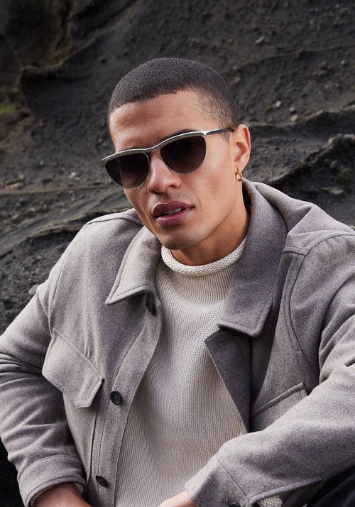 HEIDI | Silver Chroma + Tortuga Noir Handcrafted, luxury silver chroma stainless steel large cat eye KREWE sunglasses mens model | Model: Vincent