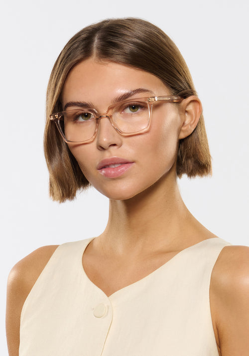 KREWE - HOWARD | Buff Handcrafted, Luxury Pink Acetate Eyeglasses womens model | Model: Michelle