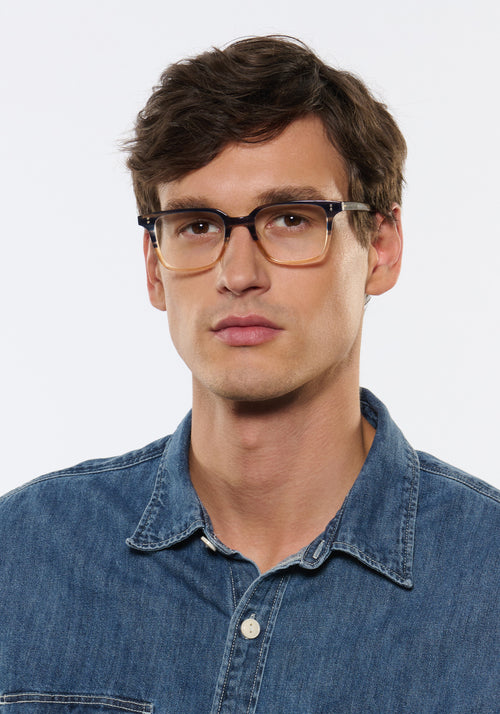 KREWE - HUDSON | Comet + Twilight Handcrafted, luxury yellow and navy split acetate eyeglasses mens model | Model: Jegor