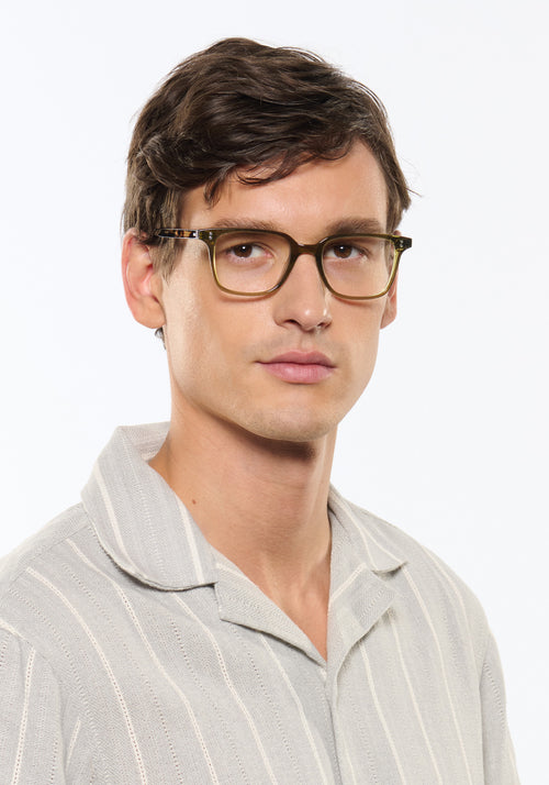 HUDSON | Olive + Iberia handcrafted, luxury green acetate krewe glasses mens model | Model: Jegor