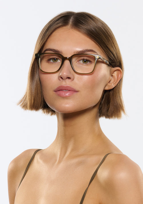 HUDSON | Olive + Iberia handcrafted, luxury green acetate KREWE glasses womens model | Model: Michelle