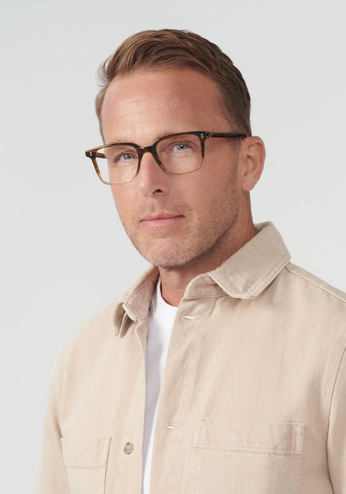 KREWE - HUDSON | Walnut Handcrafted, luxury brown acetate glasses mens model | Model: Tim