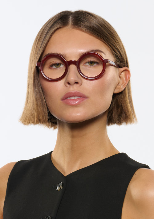 HURST II | Brandy Handcrafted burgundy round circular acetate KREWE eyeglasses womens model | Model: Michelle
