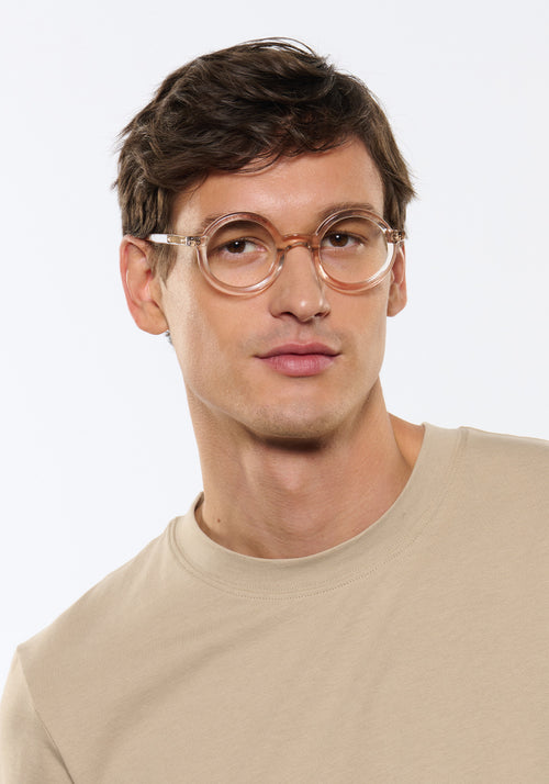 HURST II | Buff Handcrafted neutral crystal clear transparent round circular acetate KREWE eyeglasses mens model | Model: Jegor