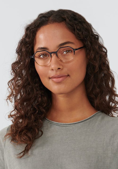 KREWE EYEGLASSES - JOEL | Comet + Twilight handcrafted, luxury blue and yellow split acetate round glasses womens model | Model: Meli