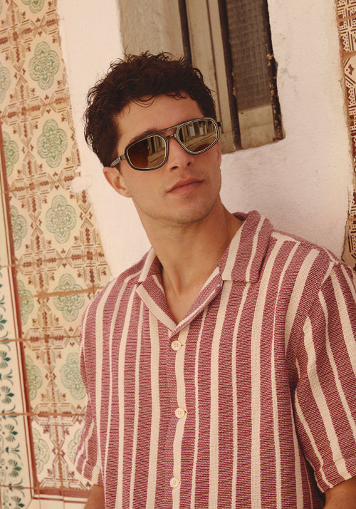 JORDAN | Bronze Metallic + 12K Handcrafted, luxury brown metallic acetate KREWE aviator sunglasses mens model | Model: Mateo