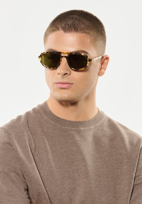 JORDAN | Nikko Tortoise + 12K Polarized Handcrafted, luxury brown tortoise acetate KREWE aviator sunglasses mens model | Model: Joey