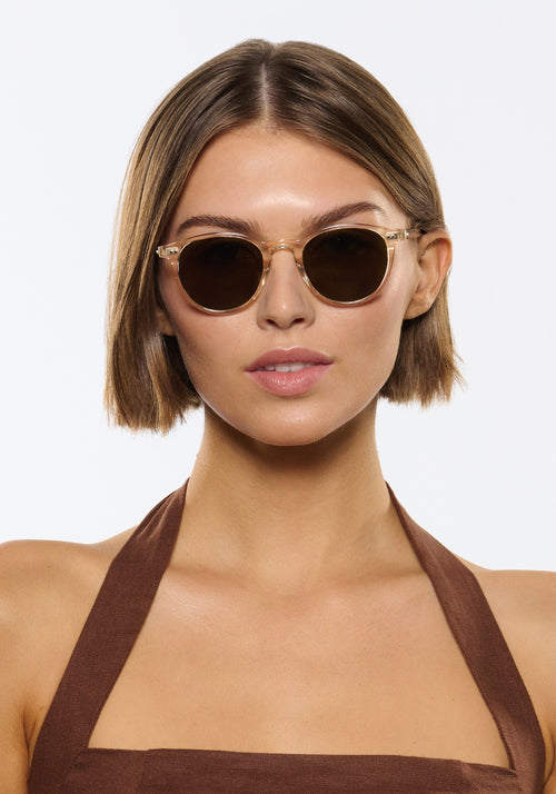 KREWE SUNGLASSES - LANDRY | Haze Polarized handcrafted, luxury yellow tinted acetate round sunglasses womens model | Model: Michelle