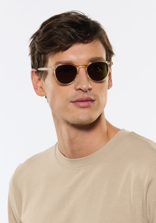 KREWE SUNGLASSES - LANDRY | Haze Polarized handcrafted, luxury yellow tinted acetate round sunglasses mens model | Model: Jegor