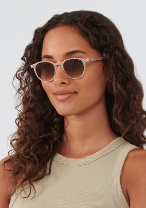 LANDRY | Micro Plaid Handcrafted, luxury light pink and white checkered acetate KREWE sunglasses womens model | Model: Meli