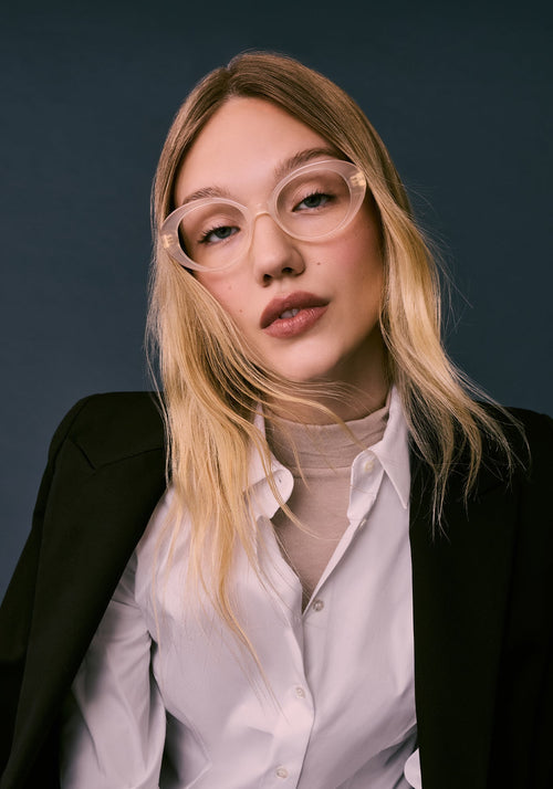 LAUREL | Blonde Handcrafted, luxury tan acetate round oval KREWE eyeglasses womens model campaign | Model: Juliette