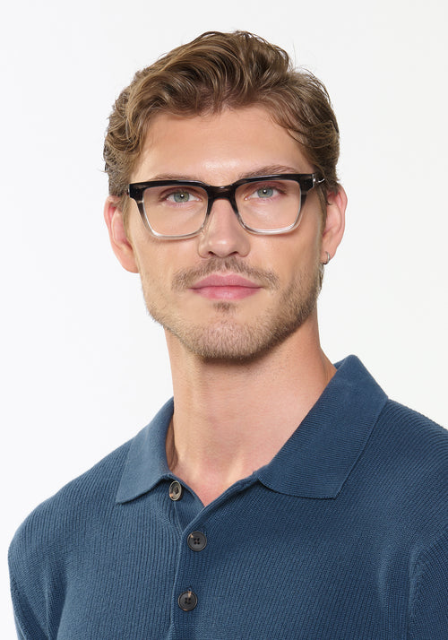 LEE | Graphite Handcrafted, luxury grey gradient acetate square rectangle KREWE eyeglasses mens model | Model: Linus