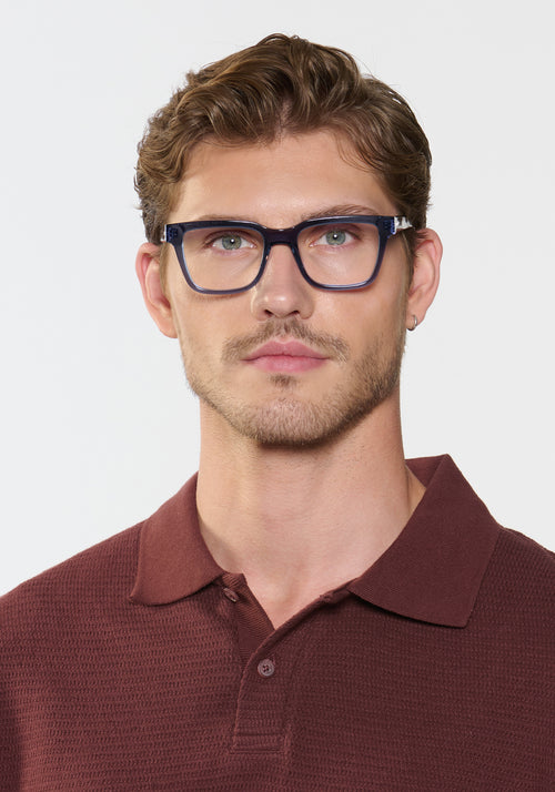 LEE | Oceana Handcrafted, luxury blue acetate square rectangle KREWE eyeglasses mens model | Model: Linus