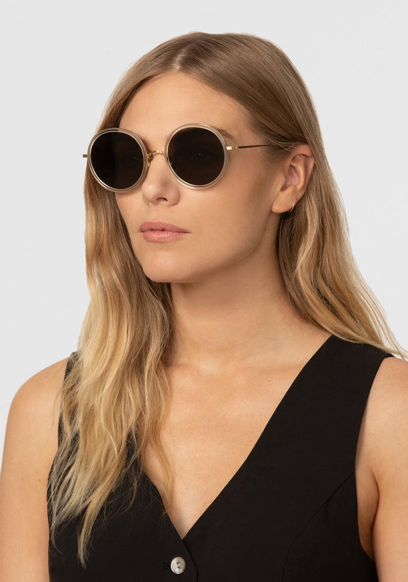 KREWE - LUISA | Crystal 24K Polarized handcrafted, luxury round oversized sunglasses womens model | Model: Maritza