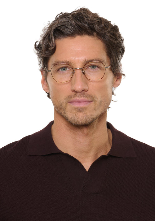 MARCEL | Silver Sahara Titanium handcrafted, luxury silver and light brown tortoise detailed metal eyeglasses mens model | Model: Ryan