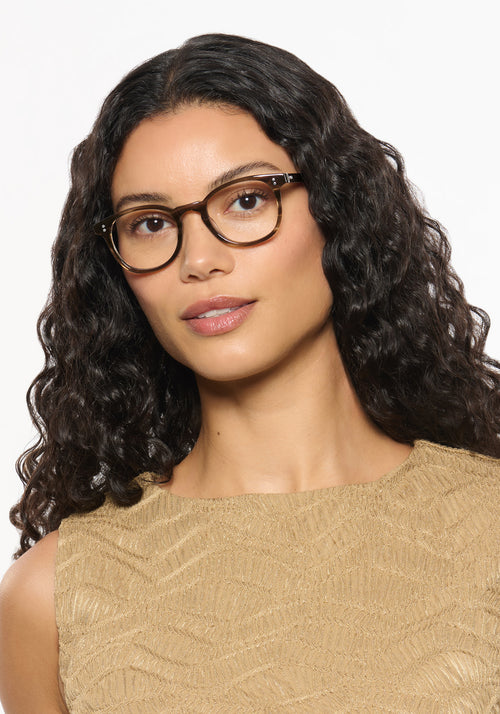 MARENGO | Kombu Handcrafted luxury brown tortoise acetate small round KREWE eyeglasses womens model | Model: Jessika