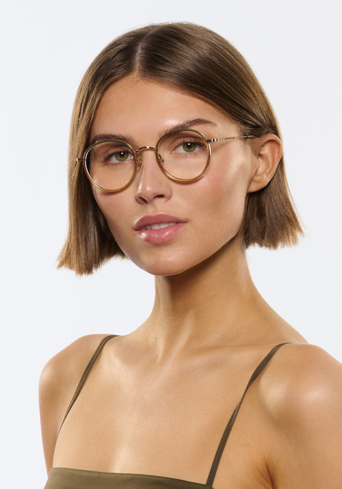 MAYFAIR | 12K Titanium + Wasabi Handcrafted, luxury green acetate and titanium round KREWE eyeglasses womens model | Model: Michelle
