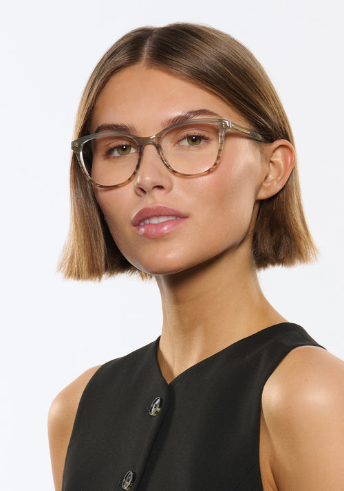 KREWE - MELROSE | Root + Shale Handcrafted, luxury grey and tan acetate eyeglasses womens model | Model: Michelle