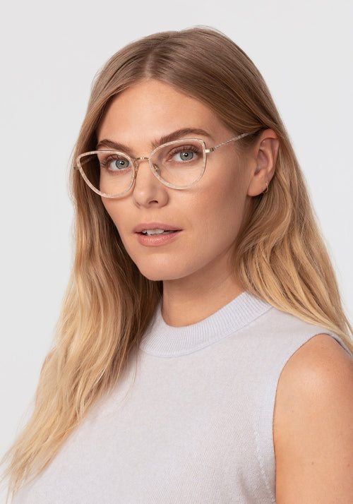 MIA | 12K Titanium + Micro Plaid Handcrafted, luxury light pink checkered acetate and metal cat-eye KREWE eyeglasses womens model | Model: Maritza