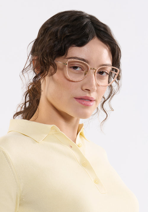 MIA | 12K Titanium + Micro Plaid Handcrafted, luxury light pink checkered acetate and metal cat-eye KREWE eyeglasses womens model | Model: Ione