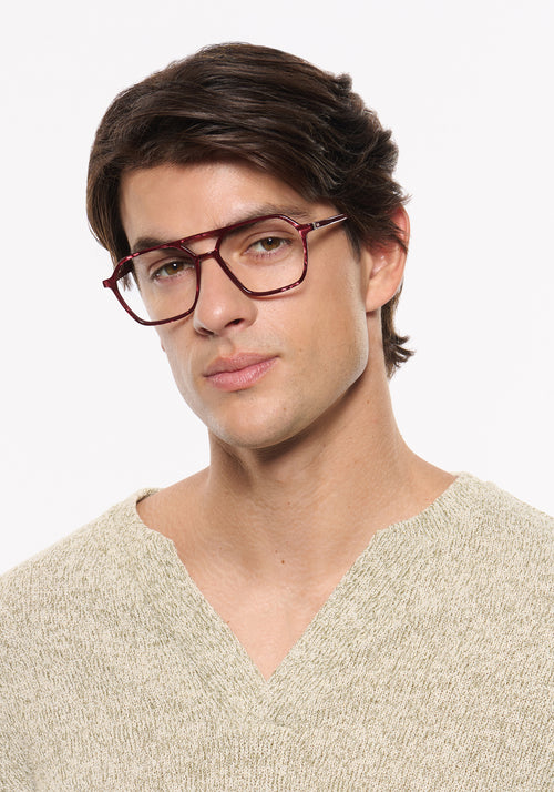 MOORE | Bordeaux Handcrafted, luxury red aviator KREWE eyeglasses mens model campaign | Model: Brent