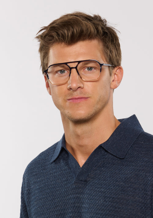 MOORE | Comet + Twilight Handcrafted, luxury blue and tan acetate aviator KREWE eyeglasses mens model | Model: Ben