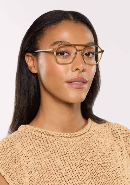 MOORE | Matte Umber Handcrafted, luxury matte brown tan acetate aviator KREWE eyeglasses womens model | Model: Sasha