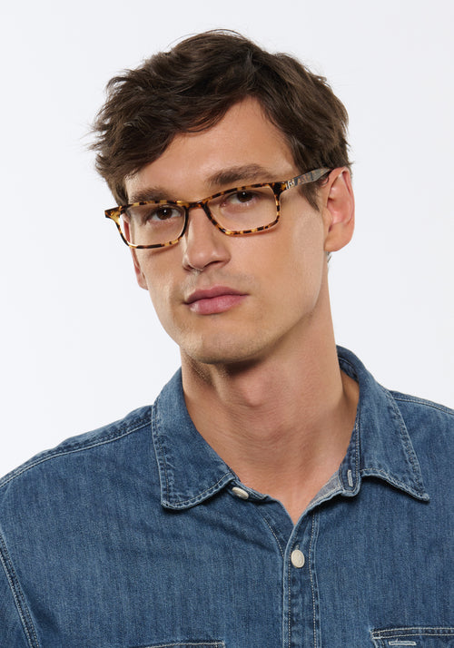 MORGAN | Nikko Tortoise Handcrafted, luxury brown and yellow tortoise acetate rectangular KREWE eyeglasses mens model | Model: Jegor