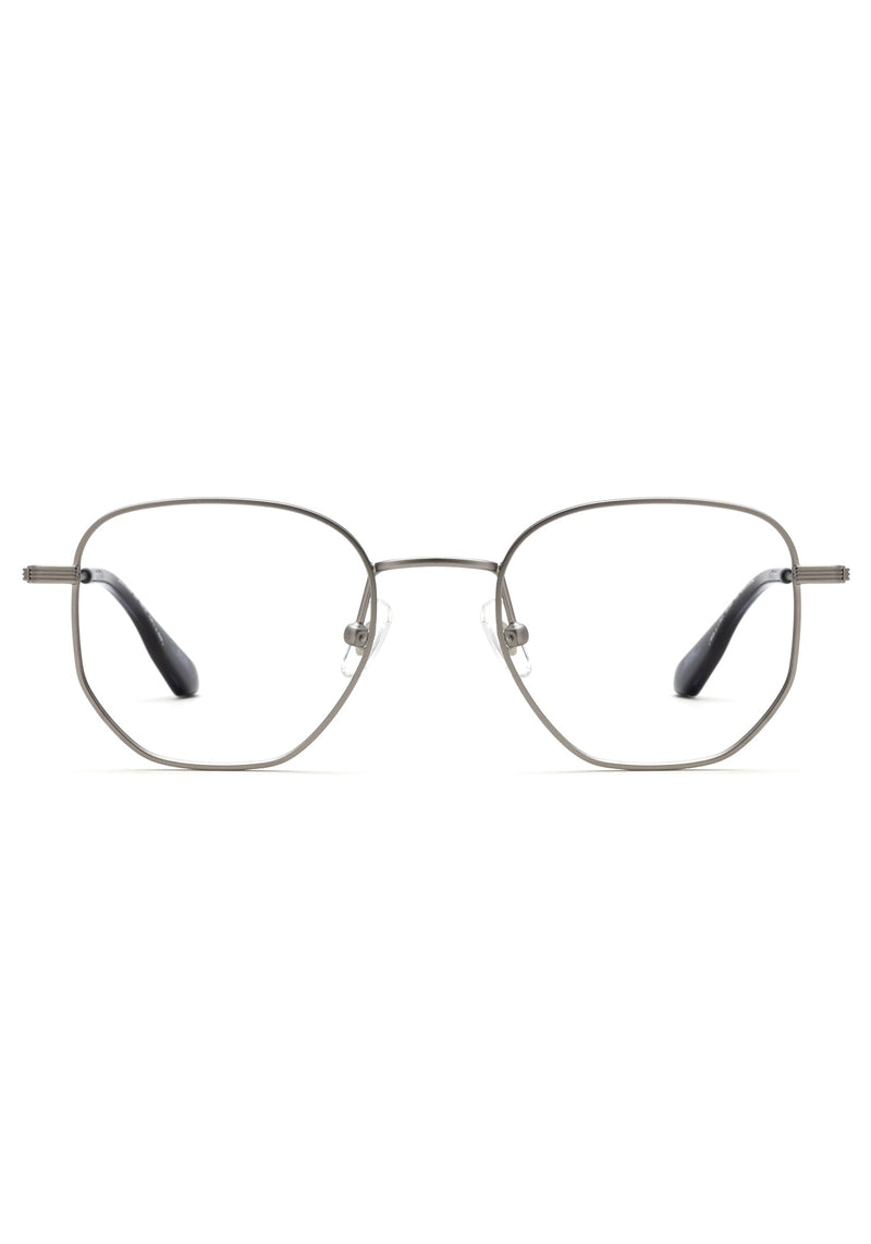 NELSON | Matte Raw Stainless Steel + Denim Handcrafted, luxury stainless steel oversized geometric round KREWE eyeglasses