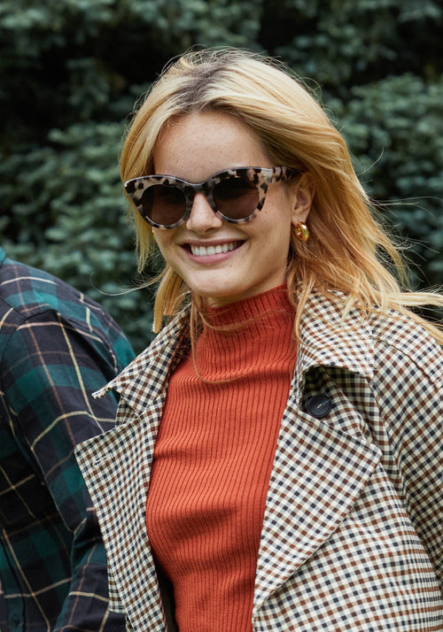 KREWE - OLIVIA | Malt Polarized handcrafted, luxury brown tortoise shell cat-eye sunglasses womens model campaign | Model: Fletcher