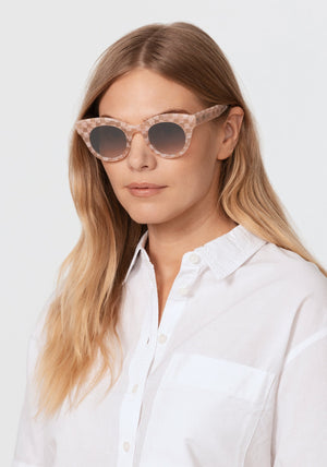 OLIVIA | Plaid Mirrored handcrafted, luxury pink checkered cat-eye sunglasses womens model | Model: Maritza