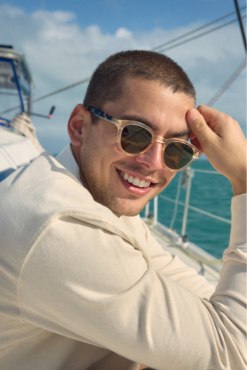 BARRETT | Haze + Iberia Polarized Handcrafted, luxury champagne and brown tortoise acetate round KREWE polarized sunglasses mens model campaign | Model: Ryan