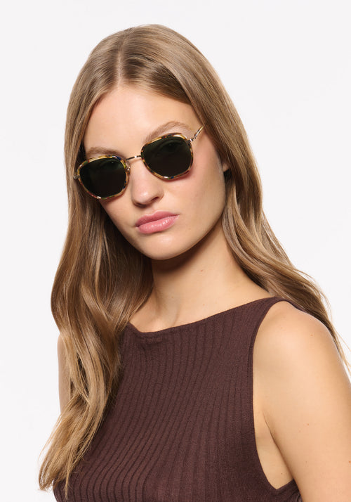 PEYTON | 12K Titanium + Tuscan Tortoise Handcrafted, luxury dark multicolored tortoise acetate and stainless steel geometric KREWE sunglasses womens model | Model: Isa