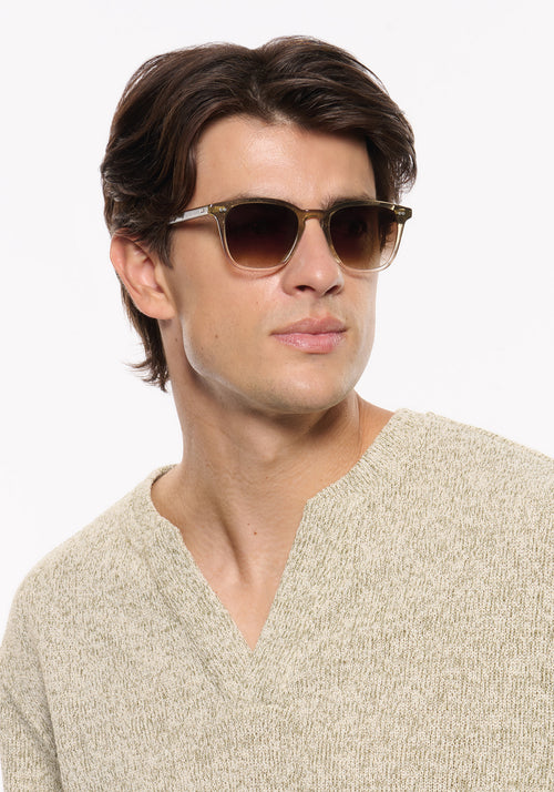 PIERCE | Sandstone Handcrafted, luxury beige and clear acetate square KREWE sunglasses mens model | Model: Brent