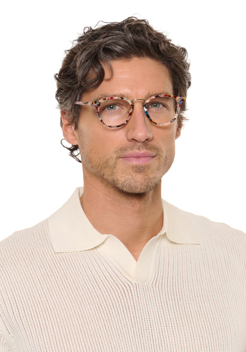 RILEY | Amalfi 12K Handcrafted, luxury multicolored acetate round KREWE eyeglasses with 12K stainless steel hardware mens model | Model: Ryan