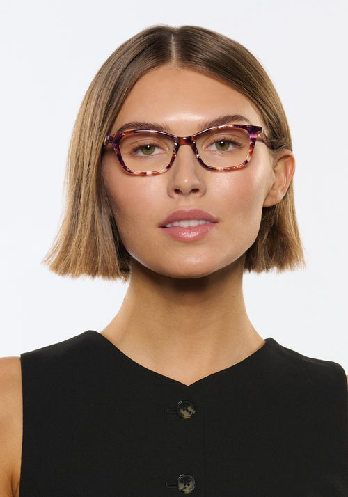 KREWE - RAMONA | Stardust Handcrafted, luxury pink and red acetate eyeglasses womens model | Model: Michelle