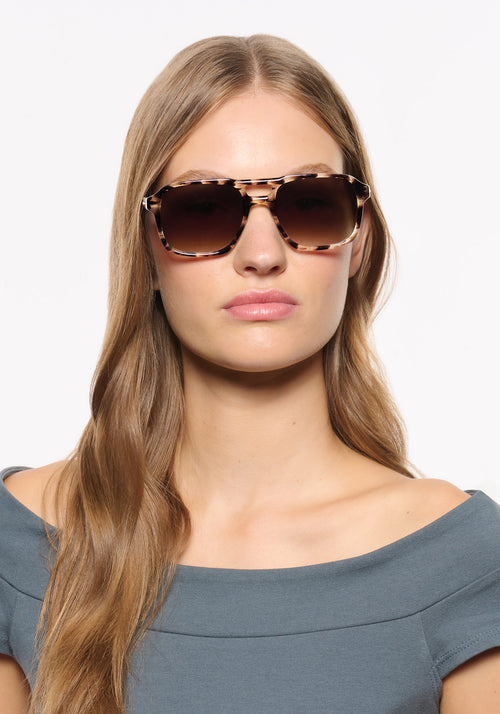 RYDER | Blonde Venezia Handcrafted, luxury brown tortoise acetate large rectangular aviator KREWE sunglasses womens model | Model: Isa
