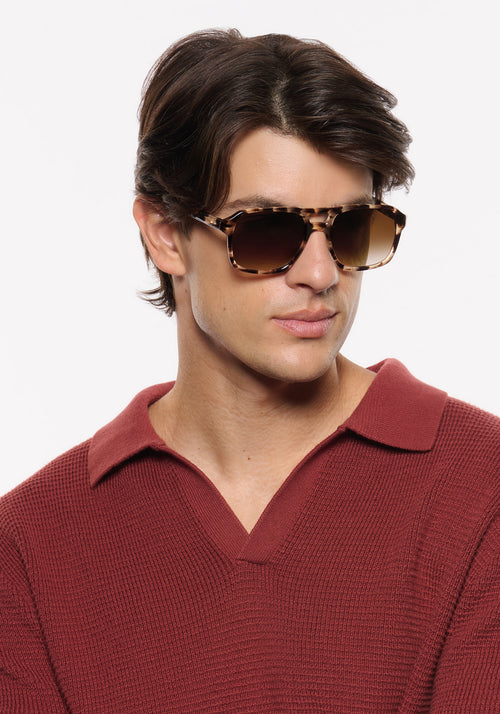 RYDER | Blonde Venezia Handcrafted, luxury brown tortoise acetate large rectangular aviator KREWE sunglasses mens model | Model: Brent