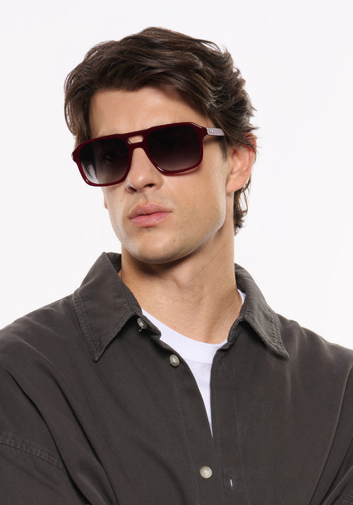 RYDER | Brandy Handcrafted, luxury burgundy acetate large rectangular aviator KREWE sunglasses mens model | Model: Brent
