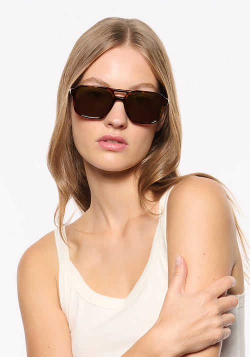 RYDER | Havana Polarized Handcrafted, luxury brown tortoise acetate large rectangular aviator polarized KREWE sunglasses womens model | Model: Isa