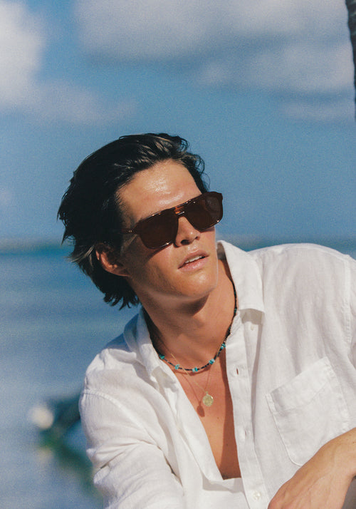 RYDER | Havana Polarized Handcrafted, luxury brown tortoise acetate large rectangular aviator polarized KREWE sunglasses mens model | Model: Drew