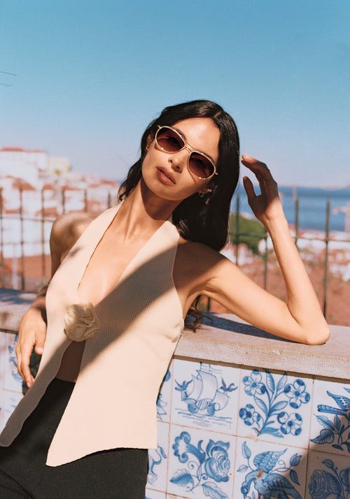 DALLAS | 12K Titanium + Champagne Handcrafted, luxury champagne yellow acetate KREWE aviator sunglasses with gold plated titanium hardware womens model | Model: Patricia
