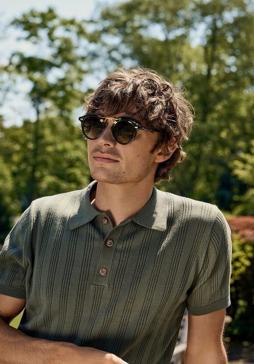 STL II | Bottle Green + Zulu 24K Handcrafted, luxury, green Acetate KREWE Michael Phelps Sunglasses mens model campaign | Model: Liam